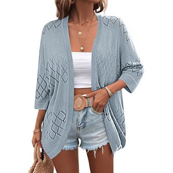 Zeagoo Women's Lightweight Open Front 3/4 Sleeve Crochet Knit Boho Cardigan Kimono Cover Up