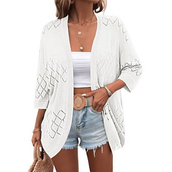 Zeagoo Women's Lightweight Open Front 3/4 Sleeve Crochet Knit Boho Cardigan Kimono Cover Up