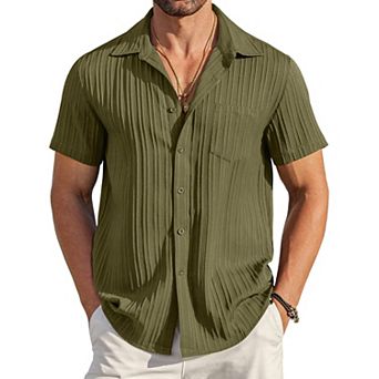 COOFANDY Men' Casual Button Down Shirts Short Sleeve Textured Linen Summer Beach Shirt with Pocket