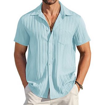 COOFANDY Men' Casual Button Down Shirts Short Sleeve Textured Linen Summer Beach Shirt with Pocket