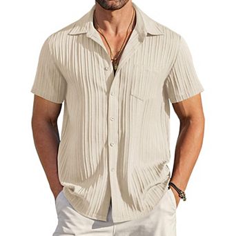 COOFANDY Men' Casual Button Down Shirts Short Sleeve Textured Linen Summer Beach Shirt with Pocket