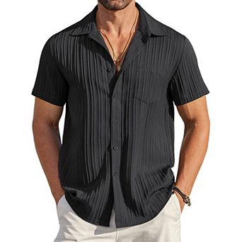 COOFANDY Men' Casual Button Down Shirts Short Sleeve Textured Linen Summer Beach Shirt with Pocket