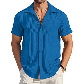 COOFANDY Men' Casual Button Down Shirts Short Sleeve Textured Linen Summer Beach Shirt with Pocket
