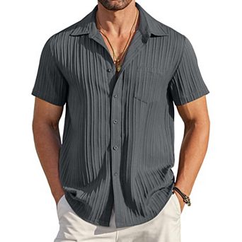 COOFANDY Men' Casual Button Down Shirts Short Sleeve Textured Linen Summer Beach Shirt with Pocket