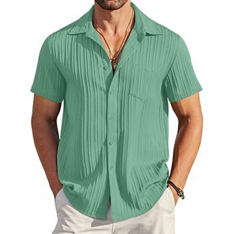 COOFANDY Men' Casual Button Down Shirts Short Sleeve Textured Linen Summer Beach Shirt with Pocket