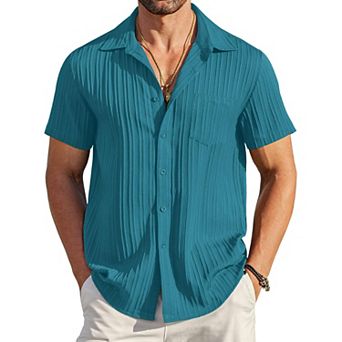 COOFANDY Men' Casual Button Down Shirts Short Sleeve Textured Linen Summer Beach Shirt with Pocket