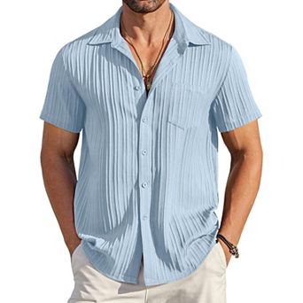 COOFANDY Men' Casual Button Down Shirts Short Sleeve Textured Linen Summer Beach Shirt with Pocket