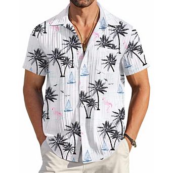 COOFANDY Men' Casual Button Down Shirts Short Sleeve Textured Linen Summer Beach Shirt with Pocket
