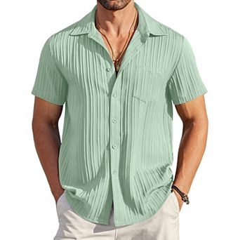 COOFANDY Men' Casual Button Down Shirts Short Sleeve Textured Linen Summer Beach Shirt with Pocket