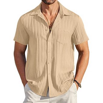 COOFANDY Men' Casual Button Down Shirts Short Sleeve Textured Linen Summer Beach Shirt with Pocket