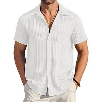 COOFANDY Men' Casual Button Down Shirts Short Sleeve Textured Linen Summer Beach Shirt with Pocket