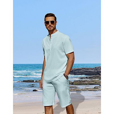 COOFANDY Men' 2 Pieces Linen Set Casual Henley Shirts Short Sleeve