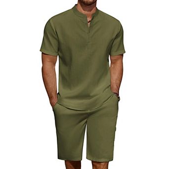 COOFANDY Men' 2 pc Linen Set Casual Henley Shirts Short Sleeve Beach Yoga Shorts Summer Pants