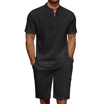 COOFANDY Men' 2 pc Linen Set Casual Henley Shirts Short Sleeve Beach Yoga Shorts Summer Pants