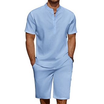 COOFANDY Men' 2 pc Linen Set Casual Henley Shirts Short Sleeve Beach Yoga Shorts Summer Pants