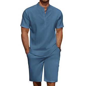 COOFANDY Men' 2 pc Linen Set Casual Henley Shirts Short Sleeve Beach Yoga Shorts Summer Pants