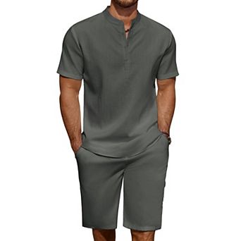 COOFANDY Men' 2 pc Linen Set Casual Henley Shirts Short Sleeve Beach Yoga Shorts Summer Pants