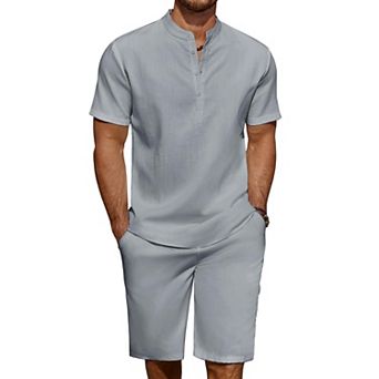 COOFANDY Men' 2 pc Linen Set Casual Henley Shirts Short Sleeve Beach Yoga Shorts Summer Pants
