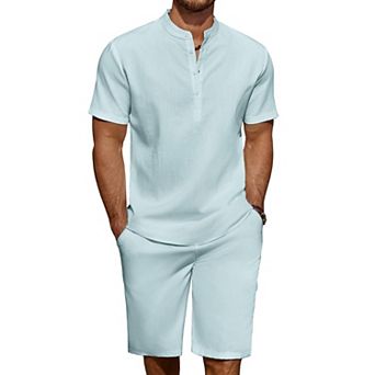 COOFANDY Men' 2 pc Linen Set Casual Henley Shirts Short Sleeve Beach Yoga Shorts Summer Pants