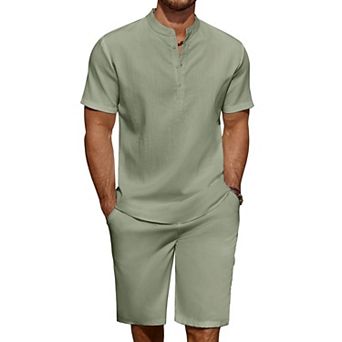 COOFANDY Men' 2 pc Linen Set Casual Henley Shirts Short Sleeve Beach Yoga Shorts Summer Pants