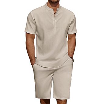 COOFANDY Men' 2 pc Linen Set Casual Henley Shirts Short Sleeve Beach Yoga Shorts Summer Pants