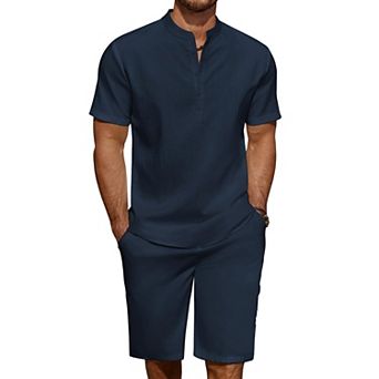 COOFANDY Men' 2 pc Linen Set Casual Henley Shirts Short Sleeve Beach Yoga Shorts Summer Pants