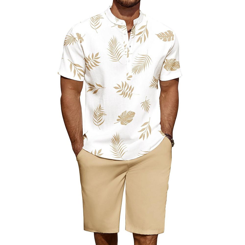 COOFANDY Men' 2 Pieces Linen Set Casual Henley Shirts Short Sleeve