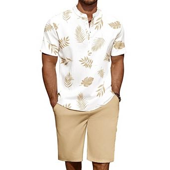 COOFANDY Men' 2 pc Linen Set Casual Henley Shirts Short Sleeve Beach Yoga Shorts Summer Pants