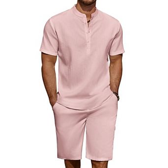 COOFANDY Men' 2 pc Linen Set Casual Henley Shirts Short Sleeve Beach Yoga Shorts Summer Pants