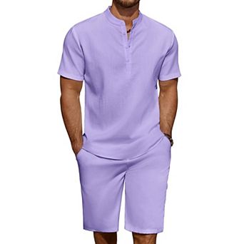 COOFANDY Men' 2 pc Linen Set Casual Henley Shirts Short Sleeve Beach Yoga Shorts Summer Pants