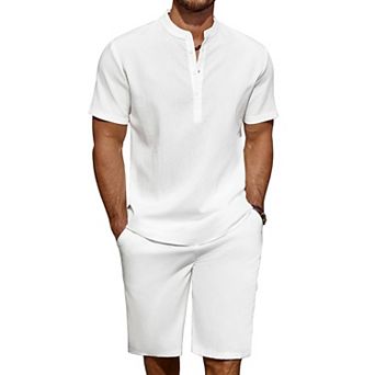 COOFANDY Men' 2 pc Linen Set Casual Henley Shirts Short Sleeve Beach Yoga Shorts Summer Pants