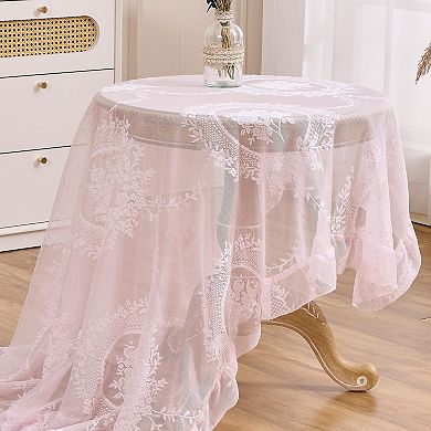 Pink Floral Embroidered Lace Square Tablecloth 55”x55” Vintage Table Cover (Pink, 55”x55”, Square)