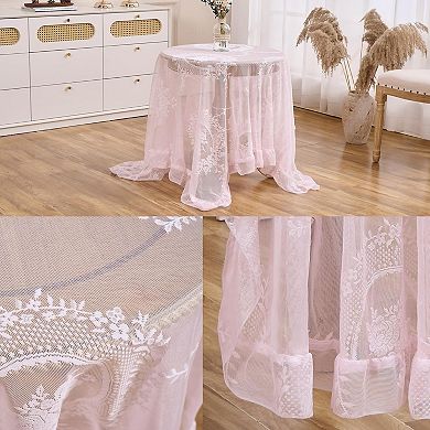 Pink Floral Embroidered Lace Square Tablecloth 55”x55” Vintage Table Cover (Pink, 55”x55”, Square)