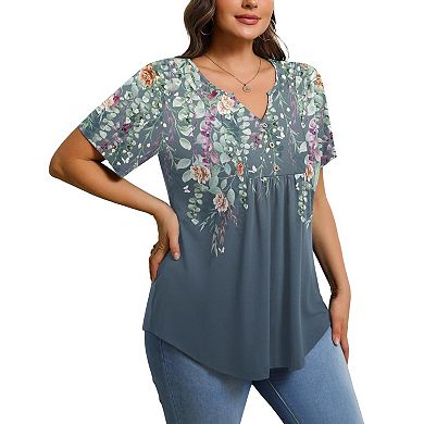 Zeagoo Women's Summer Short Sleeve V-Neck Button Up Tunic Top Dressy Casual Pleated Pullover Blouse