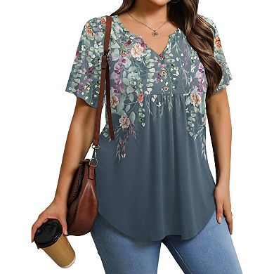 Zeagoo Women's Summer Short Sleeve V-Neck Button Up Tunic Top Dressy Casual Pleated Pullover Blouse