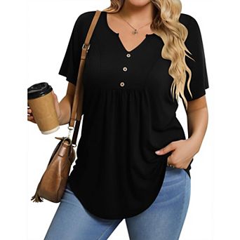 Zeagoo Women's Summer Short Sleeve V-Neck Button Up Tunic Top Dressy Casual Pleated Pullover Blouse