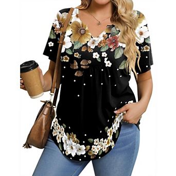 Zeagoo Women' Plus Size Puff Short Sleeve Boho Shirts Crew Neck Summer Blouse Casual Tunic Top 1X