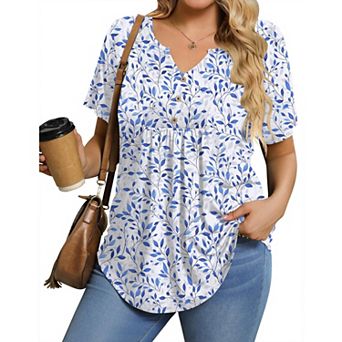 Zeagoo Women's Summer Short Sleeve V-Neck Button Up Tunic Top Dressy Casual Pleated Pullover Blouse