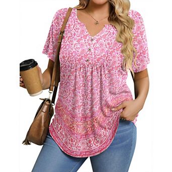 Zeagoo Women's Summer Short Sleeve V-Neck Button Up Tunic Top Dressy Casual Pleated Pullover Blouse