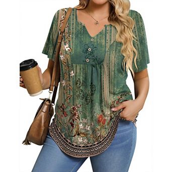 Zeagoo Women' Plus Size Puff Short Sleeve Boho Shirts Crew Neck Summer Blouse Casual Tunic Top 1X