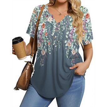 Zeagoo Women' Plus Size Puff Short Sleeve Boho Shirts Crew Neck Summer Blouse Casual Tunic Top 1X