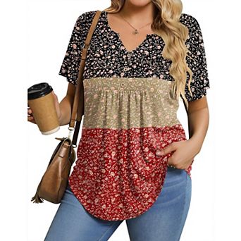 Zeagoo Women's Summer Short Sleeve V-Neck Button Up Tunic Top Dressy Casual Pleated Pullover Blouse