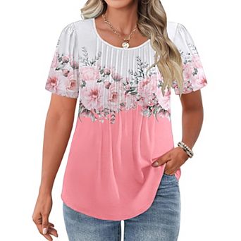 Zeagoo Women's Summer Short Sleeve V-Neck Button Up Tunic Top Dressy Casual Pleated Pullover Blouse