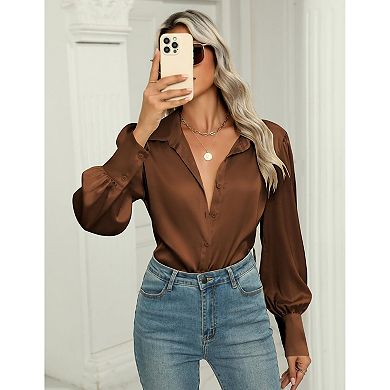 Zeagoo Silk Button Down Blouse for Women Lantern Sleeve Shirt Dressy Casual Work Tunic Top