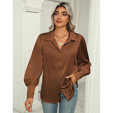 Zeagoo Silk Button Down Blouse for Women Lantern Sleeve Shirt Dressy Casual Work Tunic Top