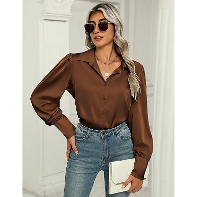 Zeagoo Silk Button Down Blouse for Women Lantern Sleeve Shirt Dressy Casual Work Tunic Top
