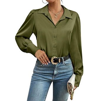 Zeagoo Silk Button Down Blouse for Women Lantern Sleeve Shirt Dressy Casual Work Tunic Top