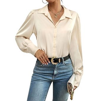 Zeagoo Silk Button Down Blouse for Women Lantern Sleeve Shirt Dressy Casual Work Tunic Top