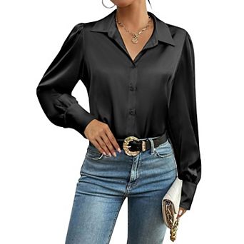 Zeagoo Silk Button Down Blouse for Women Lantern Sleeve Shirt Dressy Casual Work Tunic Top
