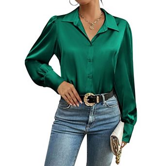 Zeagoo Silk Button Down Blouse for Women Lantern Sleeve Shirt Dressy Casual Work Tunic Top